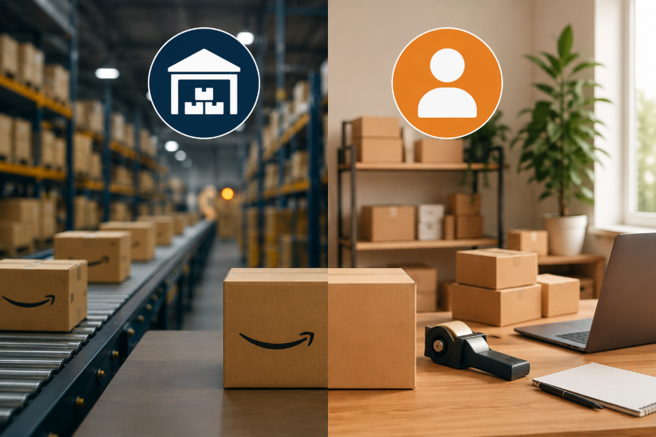 Warehouse icon for FBA fulfillment and profile icon for FBM seller fulfillment